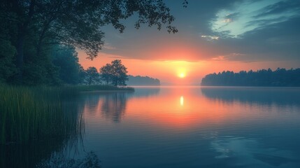 Fototapeta premium Serene sunrise over calm lake, trees reflected.