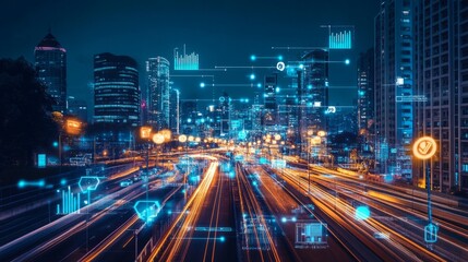 An abstract scene featuring a futuristic city with glowing holograms displaying business analytics, focusing on advanced technologies