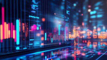 Fototapeta premium An abstract scene featuring a futuristic city with glowing holograms displaying business analytics, focusing on advanced technologies