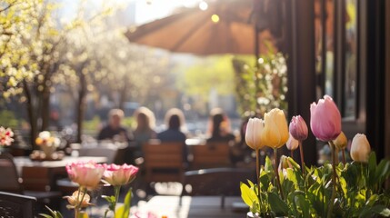 A cafе patio decorated with spring flowers, where customers are enjoying coffee and pastries under a clear, sunny sky