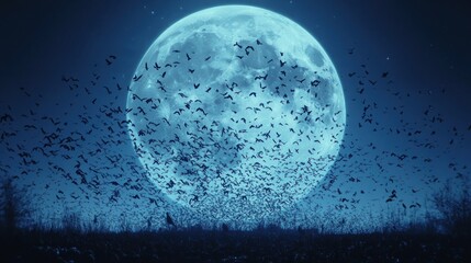A massive swarm of bats takes flight before a large, full moon in the night sky.