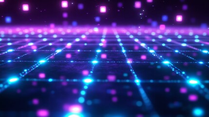 Obraz premium A glowing grid of blue and purple lights, forming a digital network on a dark background with subtle depth effects