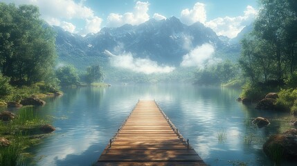 Fototapeta premium Serene lake, wooden dock, majestic mountains.