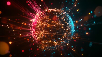 A vibrant scene of interconnected glowing nodes and lines forming a globe, representing the expansion and success of a global business network