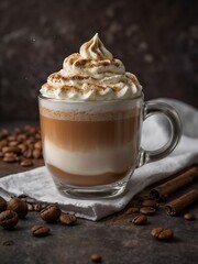 capuccino coffee with whipped cream foam in glass mug	