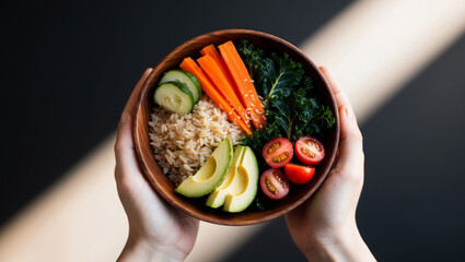 Top view of a beautifully arranged meal bowl in hands with brown rice, sliced cucumbers, carrots, avocado, cherry tomatoes, kale, showcasing a nutritious and vibrant combination for healthy eating.