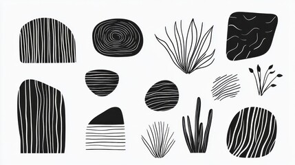 Hand drawn abstract minimal element mid century vector set. Aesthetic contemporary stripe line art, geometric shape in monochrome. 