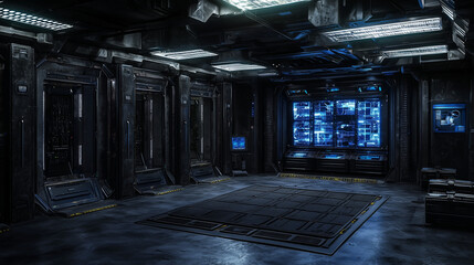 Futuristic high-tech server room with glowing blue screens, metallic walls, and advanced digital interfaces