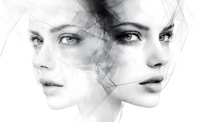 Fototapeta premium Double exposure of female face in an abstract black-and-white style. This digital artwork explores futuristic themes, blending augmented reality, gaming, and innovative technology concepts. 
