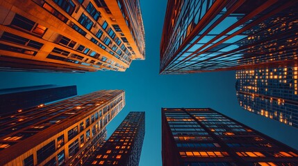 Illuminated Skyscrapers Reach Towards Evening Sky