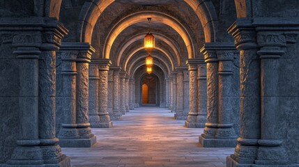 Dark, ancient stone hallway with arched ceilings, pillars, and glowing lanterns.