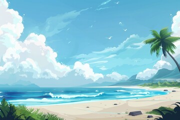 Naklejka premium Tropical Beach with Palm Tree, Blue Sky, and White Clouds