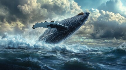 Fototapeta premium Majestic humpback whale breaching ocean waves under dramatic sky.