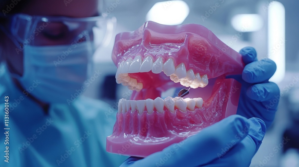 Poster a dental professional examines a 3d-printed model of a human jaw during a demonstration of artificia