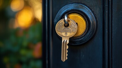 A close-up of a key inserted into a door lock, symbolizing security and access.