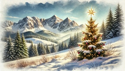 Winter landscape in the mountains with a Christmas tree