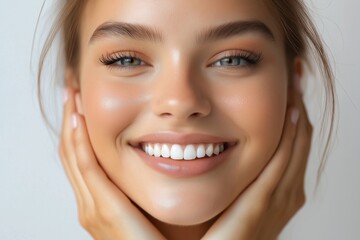 Obraz premium Woman Smiles Brightly While Touching Her Face in Natural Light