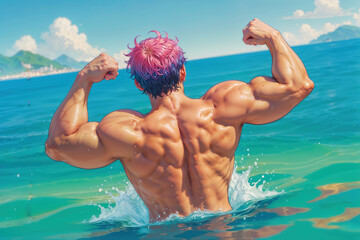 illustration in anime style of young muscle man rear view swim in sea	