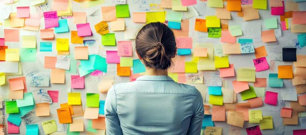 Poster a reflective person is contemplating their personal and professional goals, planning in front of a v