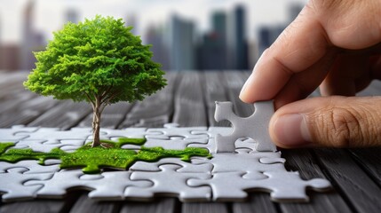 Connecting jigsaw puzzle pieces representing a green cityscape and sustainable urban community