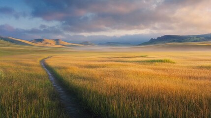 Fototapeta premium Morning Dew on Corn Rows in a Serene Landscape