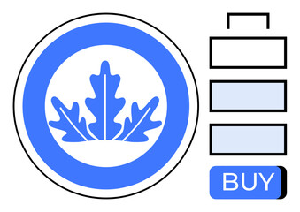 Blue leaf inside a circular badge next to a battery icon showing three levels and a blue BUY button. Ideal for sustainability, eco-friendly products, renewable energy, e-commerce, green technology