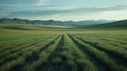 Fototapeta premium Morning Dew on Lush Corn Rows in Tranquil Landscape