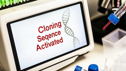Technological scene featuring a screen displaying 'Cloning Sequence Activated' with laboratory instruments nearby.