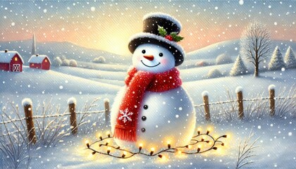 Cute snowman in the snow with a red scarf watercolor Christmas illustration