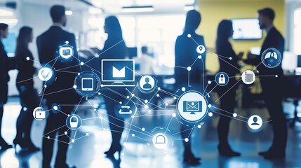 Silhouettes of professionals discussing technology in a modern office setting.