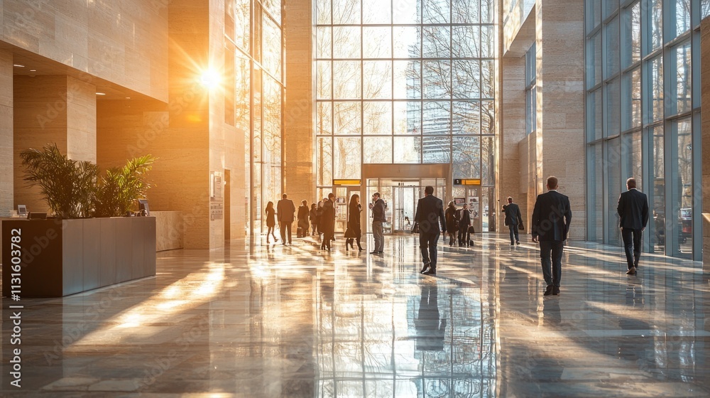 Poster bright sunlight floods an upscale banking hall, illuminating polished floors as professionals engage