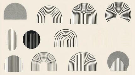 Line geometric arch and circle abstract shapes. Contemporary mid century line design set. Pattern with stripes lines
