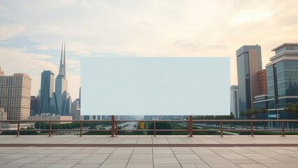 An outdoor poster mockup displayed on a sidewalk with a city skyline in the background, skyline, modern, branding