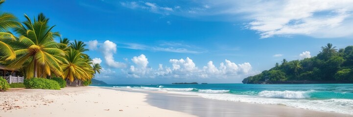 Obraz premium A stunning beach landscape with crystal clear blue water, white sandy beaches, lush green palm trees, and colorful seashells scattered on the shore, paradise, tropical, beautiful