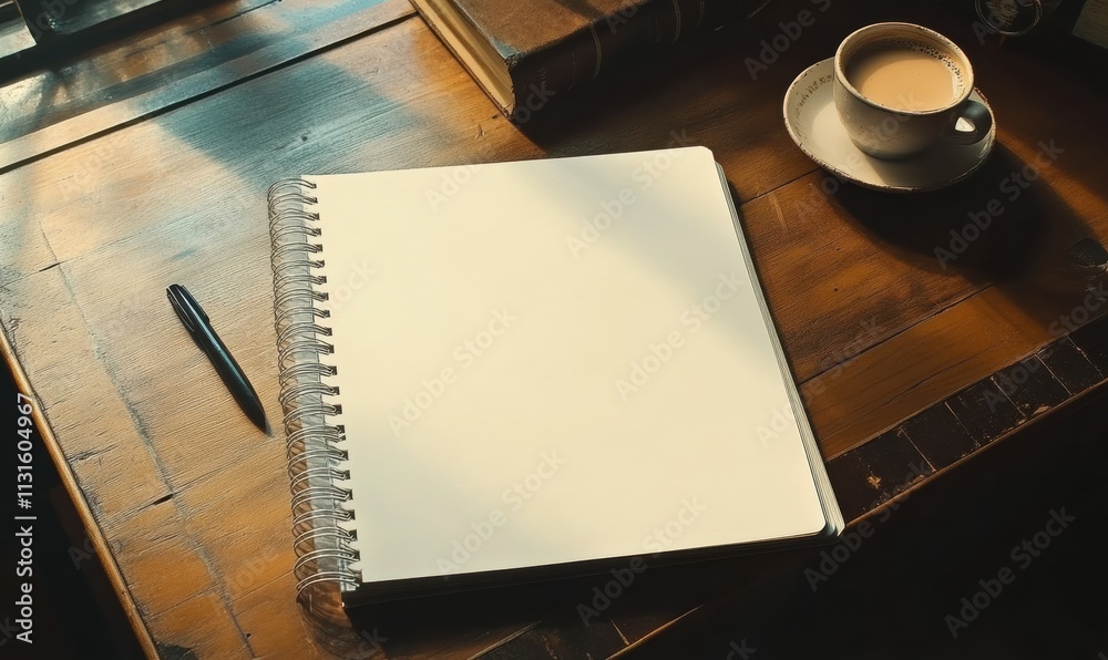 Poster a pristine blank notebook rests invitingly on a rustic wooden desk right next to a steaming cup of f