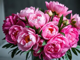 Obraz premium Bouquet of pink peonies and roses with space for text, flowers, petals