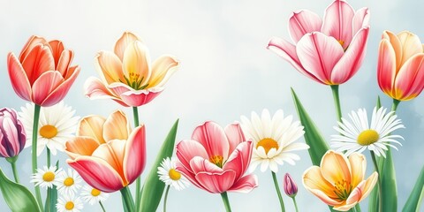 Fototapeta premium Colorful watercolor illustration of various flowers, including roses, tulips, and daisies, on a white background, artistic, delicate