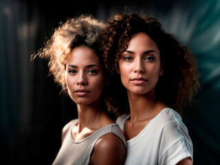 Obraz premium Two women with curly hair posing together in soft natural light. .