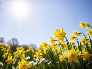Field of vibrant yellow daffodil flowers under a clear blue sky, basking in the warm sunlight in a spring meadow, petals, fresh