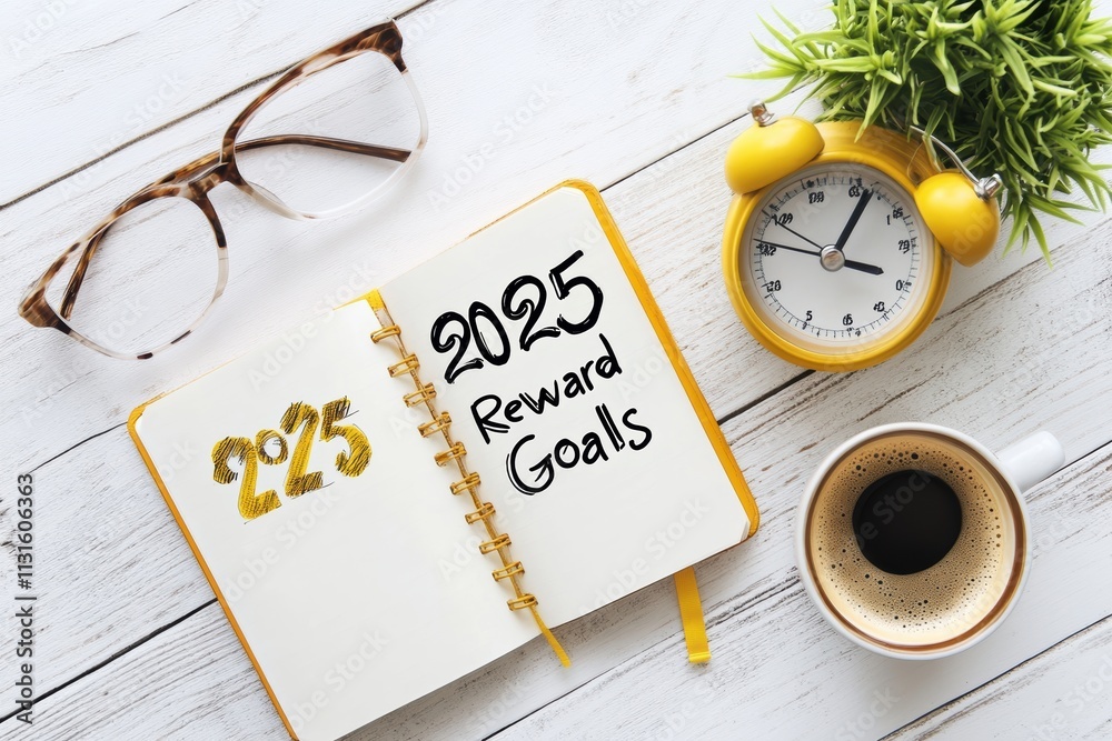 Aufkleber The image shows a closeup of an open notebook with outlined goals for 2025, surrounded by stylish glasses, a clock, a vibrant plant, and coffee, symbolizing planning and selfimprovement