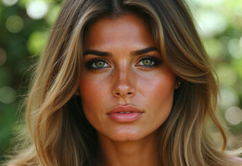 Naklejka premium Woman, serious and portrait in a closeup with thinking in the outdoor with an idea in mexico. Face, female person and beauty with focus and calm with vision, eye and skin with concentration for goal.