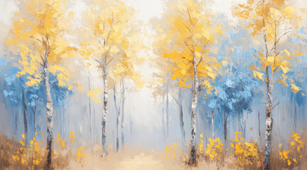 impressionist painting of a serene forest with yellow and blue trees in soft light