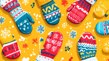 Knitted mittens and gloves set. Children and adults winter accessories. Cute cartoon vector illustration.