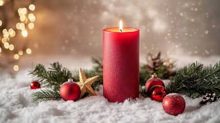red candle with a flickering flame, centered on a bed of faux snow.  Christmas ornaments-bright red baubles with gold accents and a gold star. Copy space. Christmas card