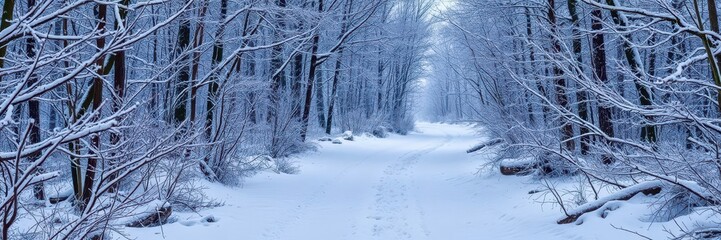 Fototapeta premium Snow-covered forest with sparkling trees and a clear path, glittering, snowy trail, frost-covered branches