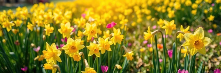 Fototapeta premium Vibrant daffodil flowers blooming in a sunny field, flowers, vibrant, sunny