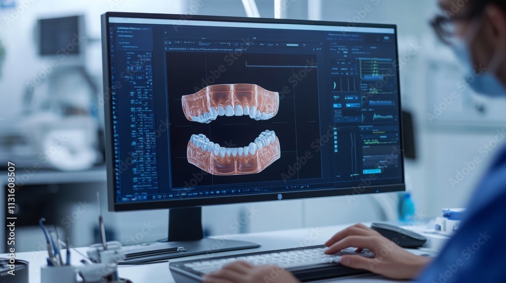 Poster a dental professional analyzes digital 3d representations of teeth on a computer screen in a contemp