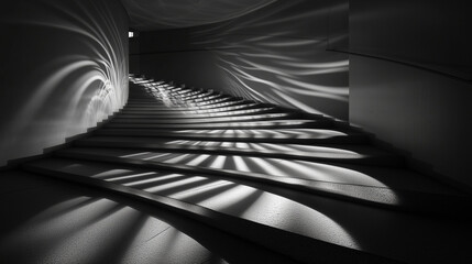 Naklejka premium A staircase lit by a single bulb, with shadows of railings creating mesmerizing patterns on the steps