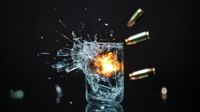 high-speed capture of bullets shattering a glass with an explosion effect on black background - Powered by Adobe