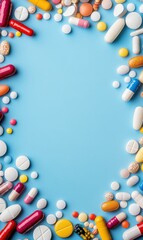 Colorful Assortment of Pills and Capsules Arranged on a Bright Blue Background for Medical and Health Concepts